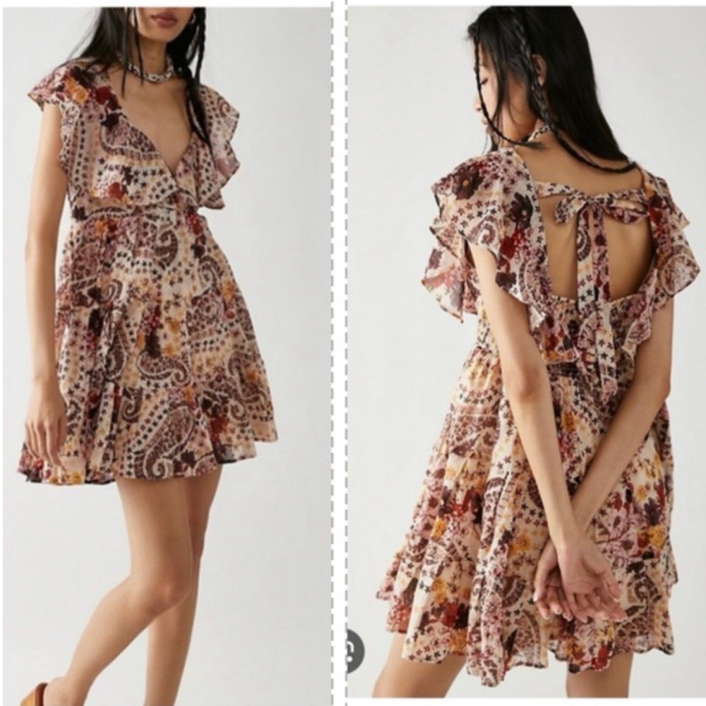 Free People Womens Beige Paisley Ruffle Tie-Back Mini Dress Size XL
